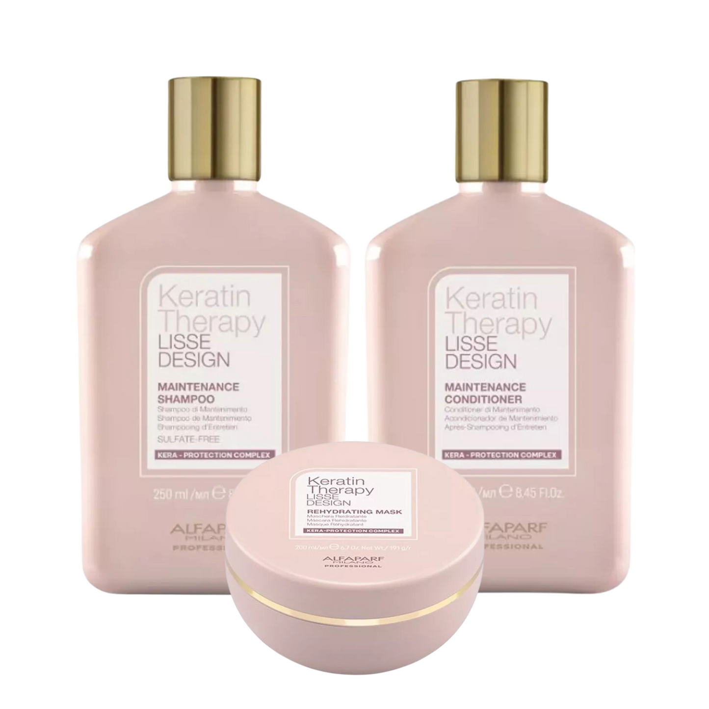 ALFAPARF LISSE DESIGN KERATIN THERAPY MAINTENANCE SHAMPOO, CONDITIONER AND MASK