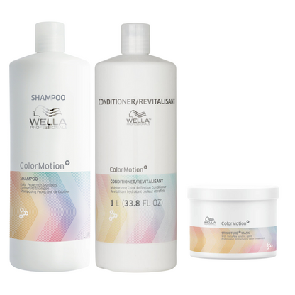 WELLA COLORMOTION COLOR PROTECTION SHAMPOO AND MOISTURIZING CONDITIONER AND STRUCTURE MASK