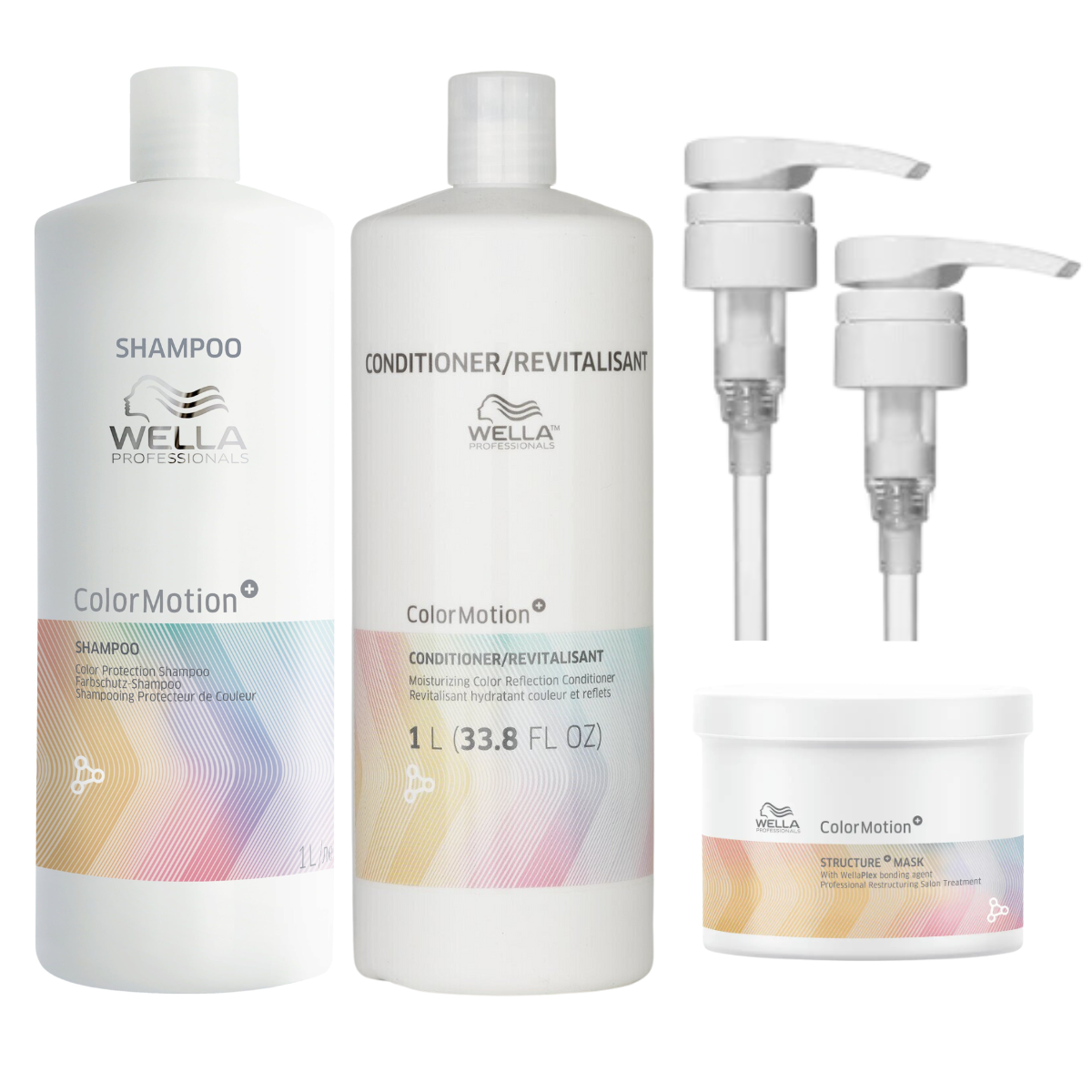 WELLA COLORMOTION COLOR PROTECTION SHAMPOO AND MOISTURIZING CONDITIONER AND STRUCTURE MASK