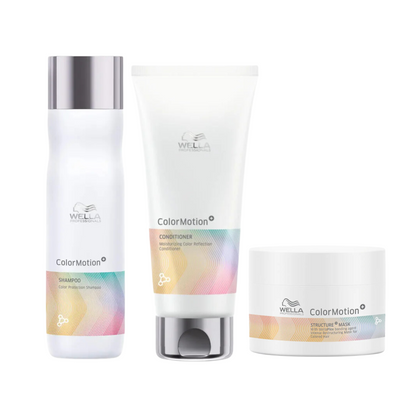 WELLA COLORMOTION COLOR PROTECTION SHAMPOO AND MOISTURIZING CONDITIONER AND STRUCTURE MASK