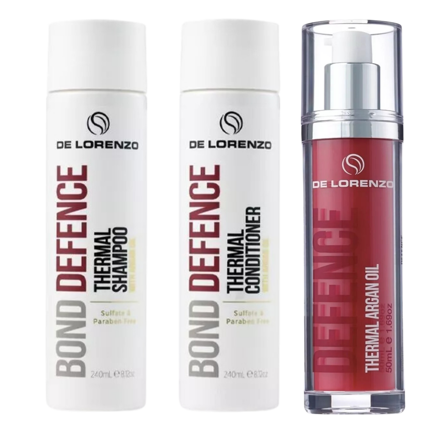 DE LORENZO BOND DEFENCE THERMAL SHAMPOO, CONDITIONER AND ARGAN OIL
