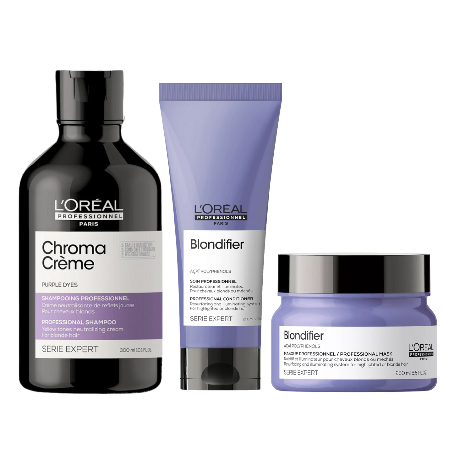 L'OREAL CHROMA CREME PURPLE DYES SHAMPOO, BLONDIFIER CONDITIONER AND MASK
