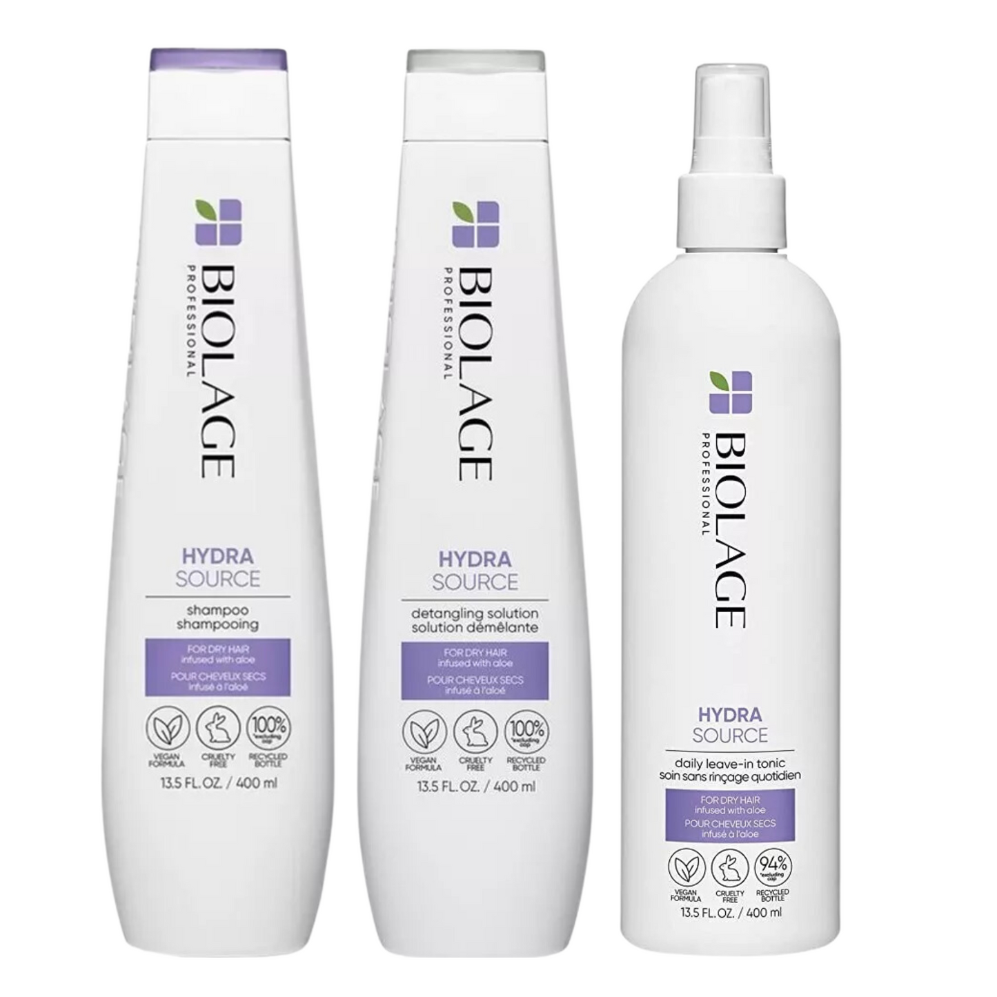 MATRIX BIOLAGE HYDRASOURCE SHAMPOO, DETANGLING SOLUTION AND LEAVE IN TONIC