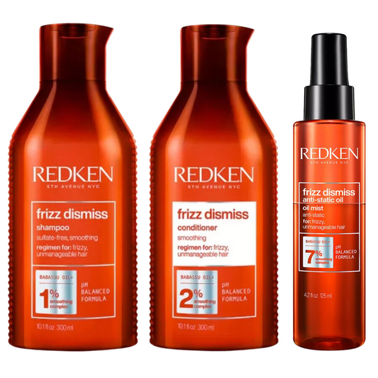REDKEN FRIZZ DISMISS SHAMPOO, CONDITIONER AND TREATMENT